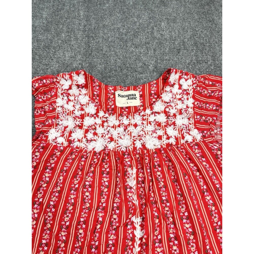 Savannah Jane Top Size Large Red Embroidered Floral Striped Flutter Sleeve - Picture 3 of 8
